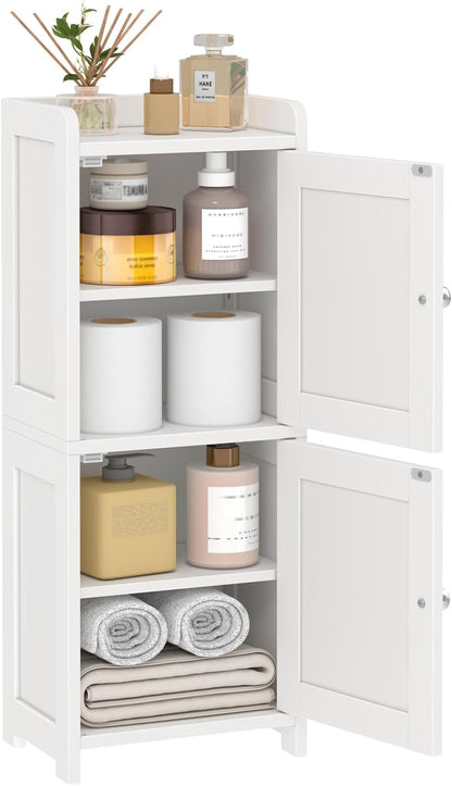 Small Bathroom Storage Cabinet, 30" Tall Freestanding Corner Floor Cabinet with 2 Doors & 5 Shelves (2 Adjustable), Narrow Toilet Paper Holder Organizer for Small Spaces, White