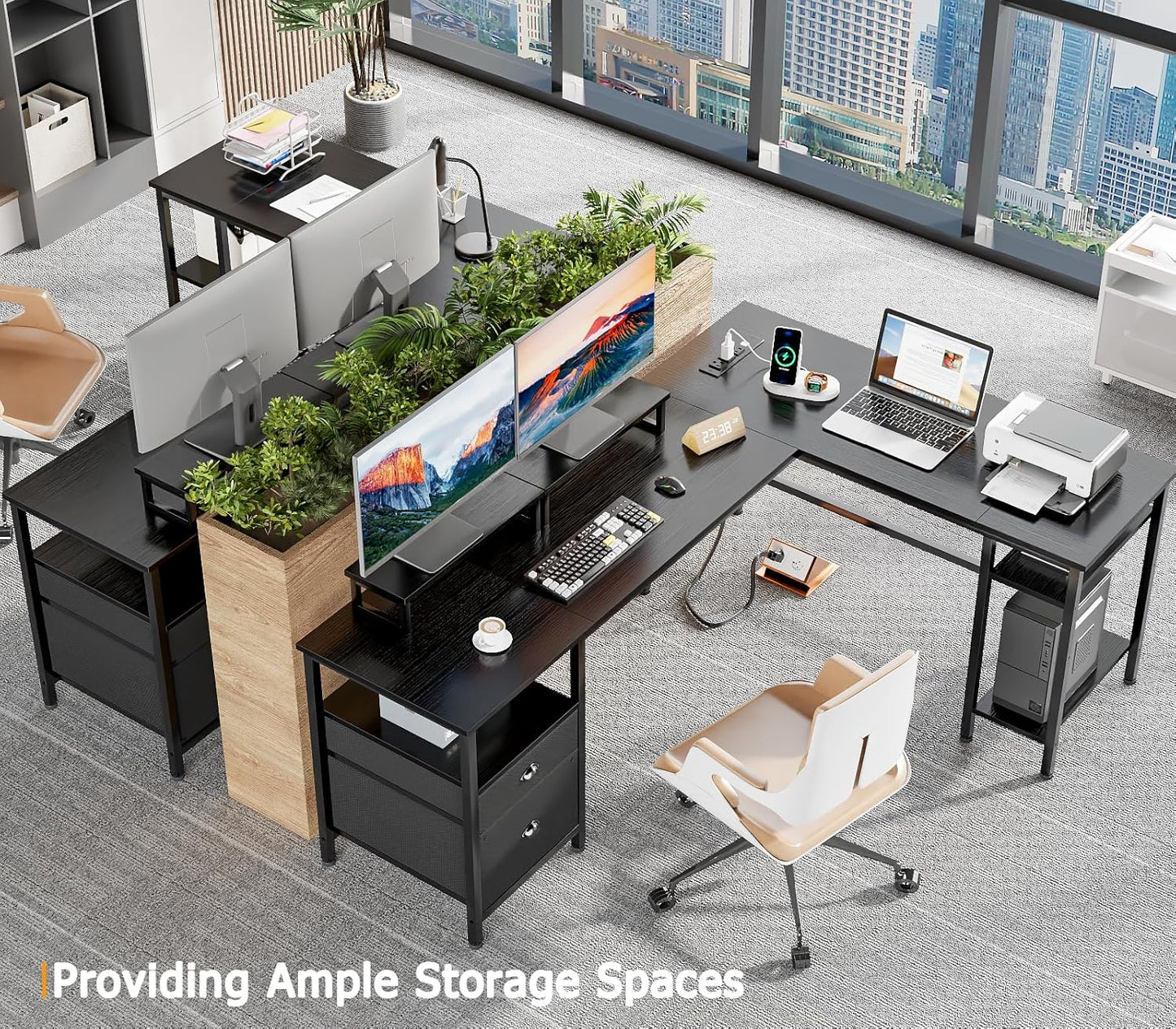 66” L Shaped Desk with Power Outlet, Reversible Computer Gaming Desk with File Drawer & 2 Monitor Stands for Home Office with Storage Shelves, Black