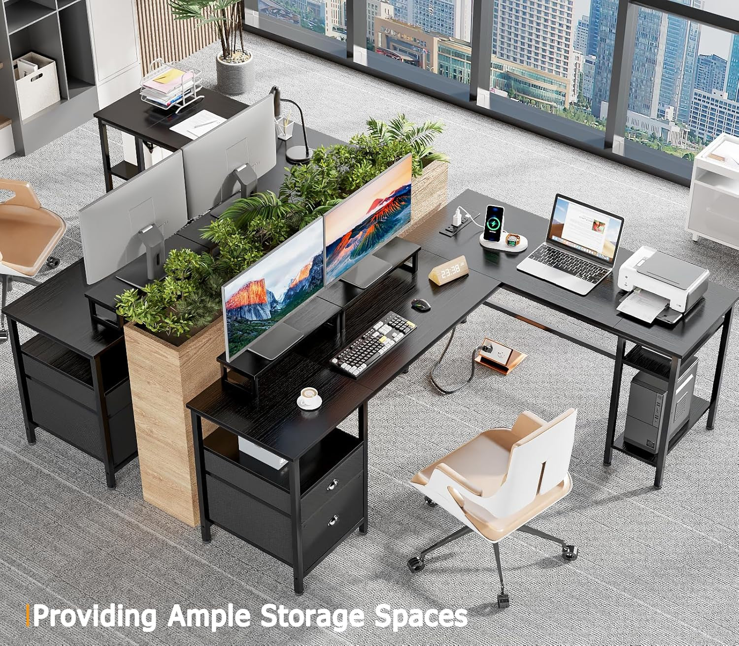 66” L Shaped Desk with Power Outlet, Reversible Computer Gaming Desk with File Drawer & 2 Monitor Stands for Home Office with Storage Shelves, Black