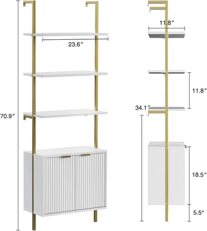 3 Tier White & Gold Ladder Shelf with Storage Cabinet, Modern Ladder Bookshelf with Doors, Wall Mount Bookcase with Metal Frame, Display Shelves for Living Room, Bedroom, Bathroom, Home Office
