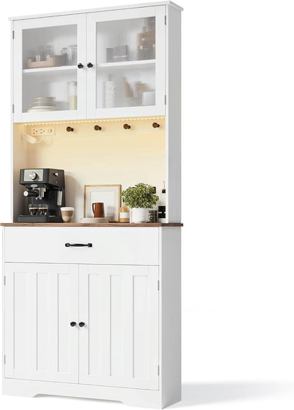 71" H Storage Cabinet with Strip Light, Kitchen Pantry Cabinet with Doors and Drawers, White Hutch with Charging Station and Adjustable Shelves, for Coffee Bar, Dining Room, Table Top-Retro