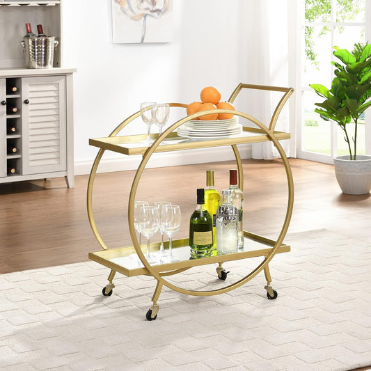 & Co. Gold Odessa Bar Cart, 2 Tier Mobile Mini Bar, Kitchen Serving Cart and Coffee Station with Storage for Liquor, Metal and Mirror, Modern, 28 Inches