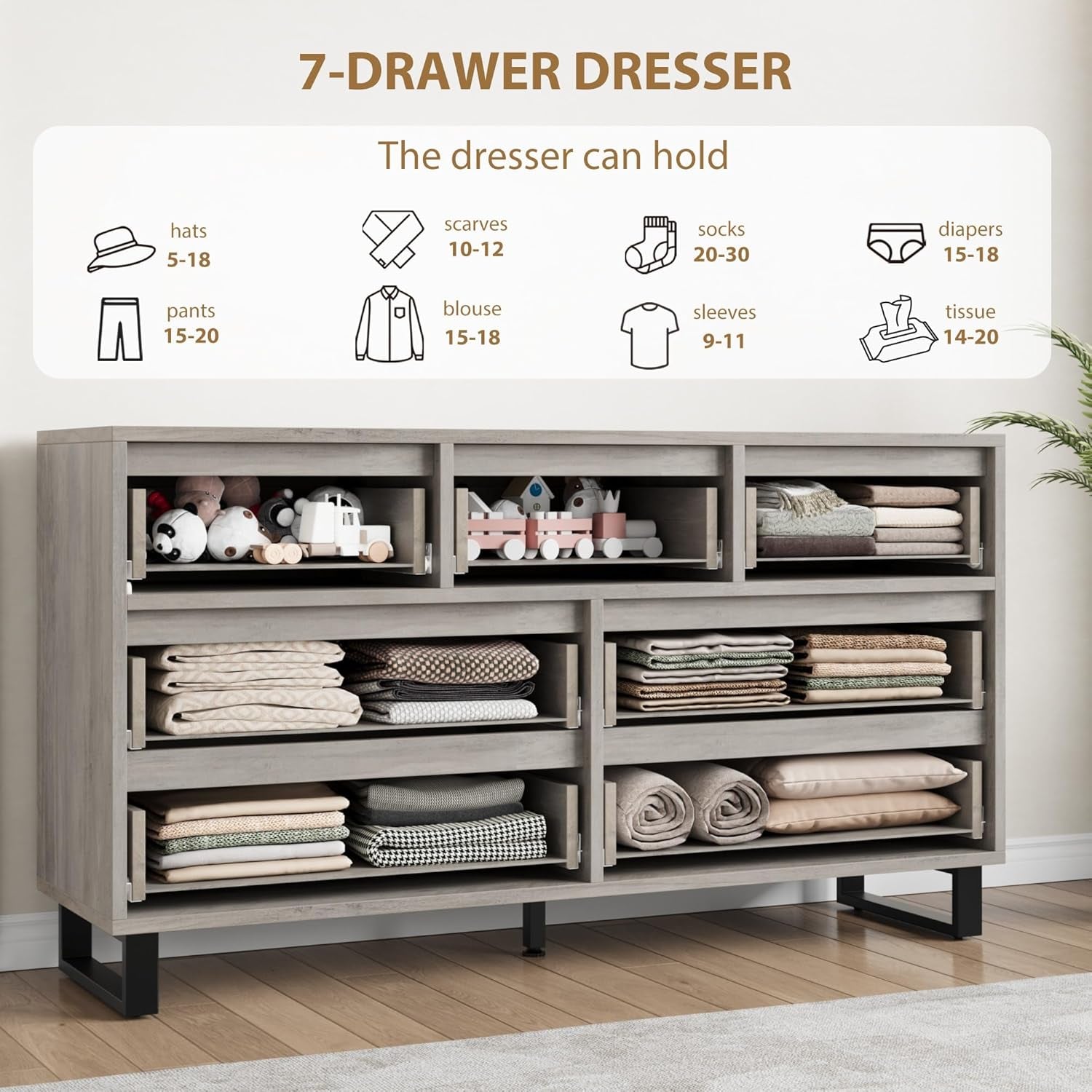 7 Dresser for Bedroom, 55" Wide Dresser, Freestanding Horizontal Drawer with Storage, Wooden Closet Chest Storage for Living Room, Hallway, Entryway, Ash Grey