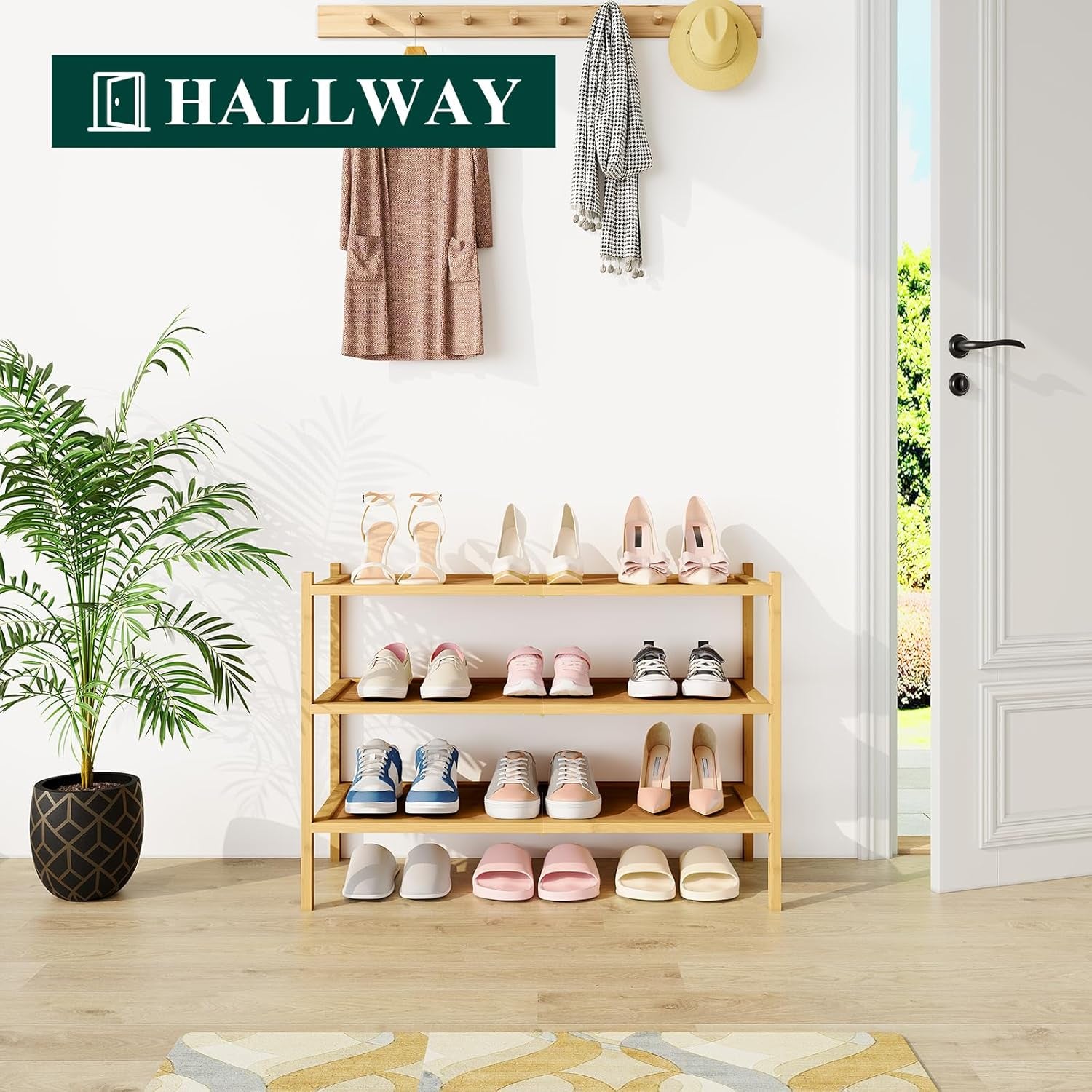 Bamboo Shoe Rack, 3 Tier Shoe Organizer for Entryway & Closet, Stackable Free Standing Storage Shelf for Shoes, Bags & Plants, Natural