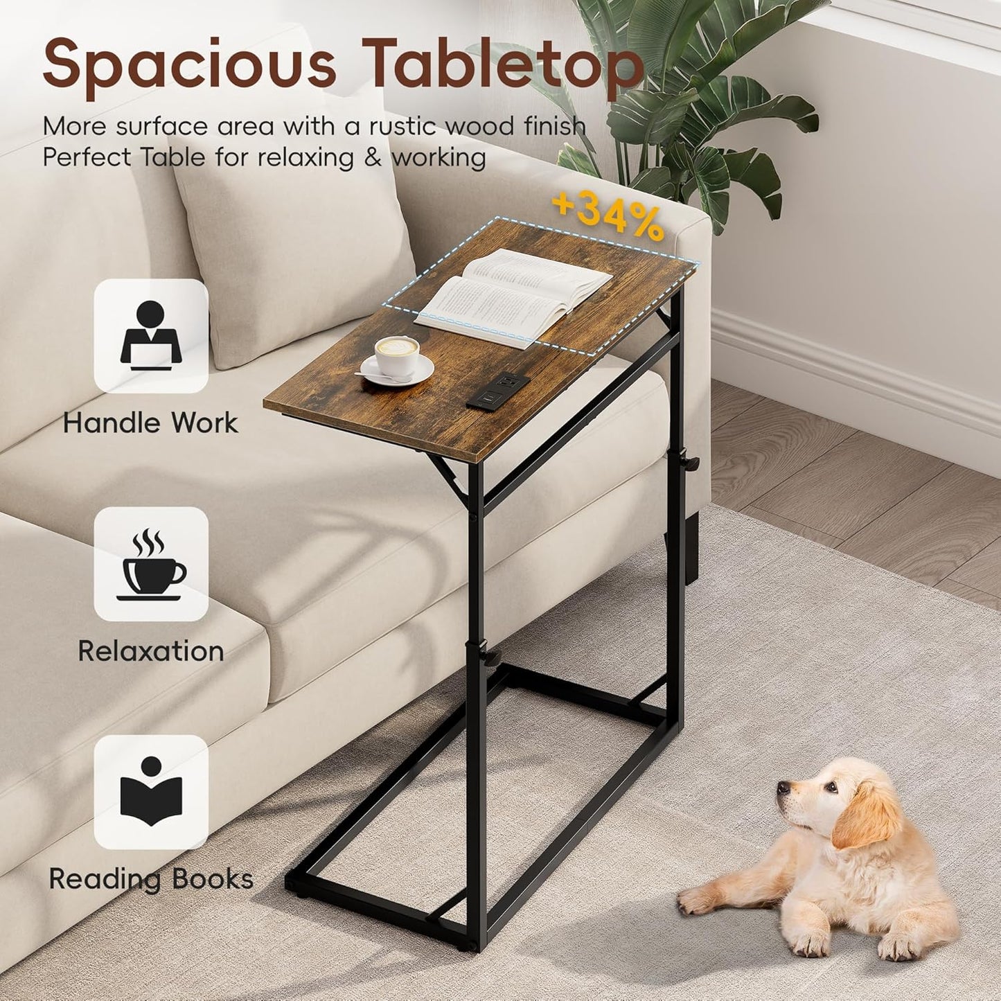 C Shaped End Table, Tall Side Table for Couch, C-Table End Table Adjustable Height Side Table, Large Surface Sofa Table TV Tray, Slide under Couch Table for Sofa, Living Room, Bedroom, White