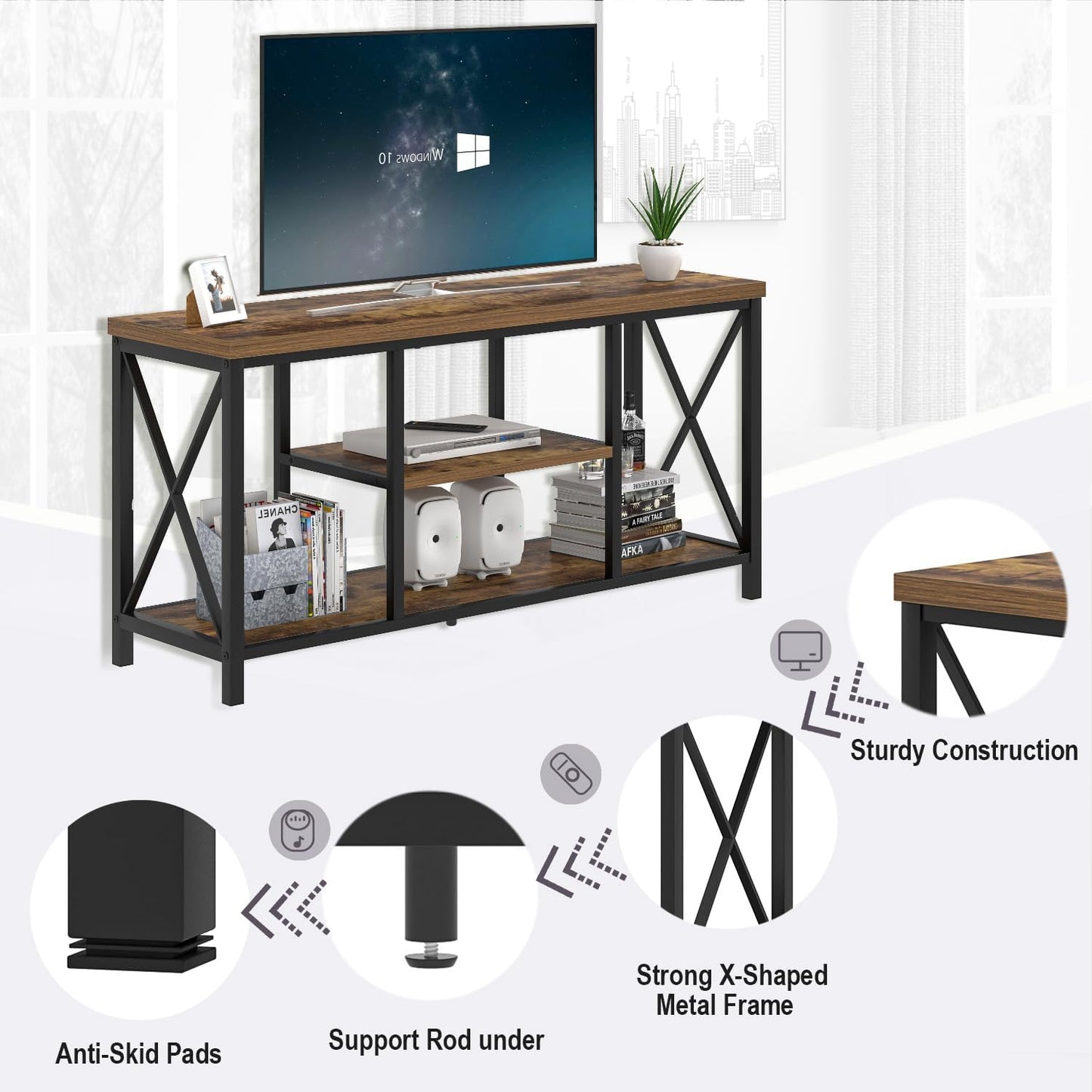 TV Stand for Televisions up to 55 Inch, Modern Entertainment Center with Storage, Industrial Media TV Console Table for Living Room Bedroom, Rustic Brown 47 Inch