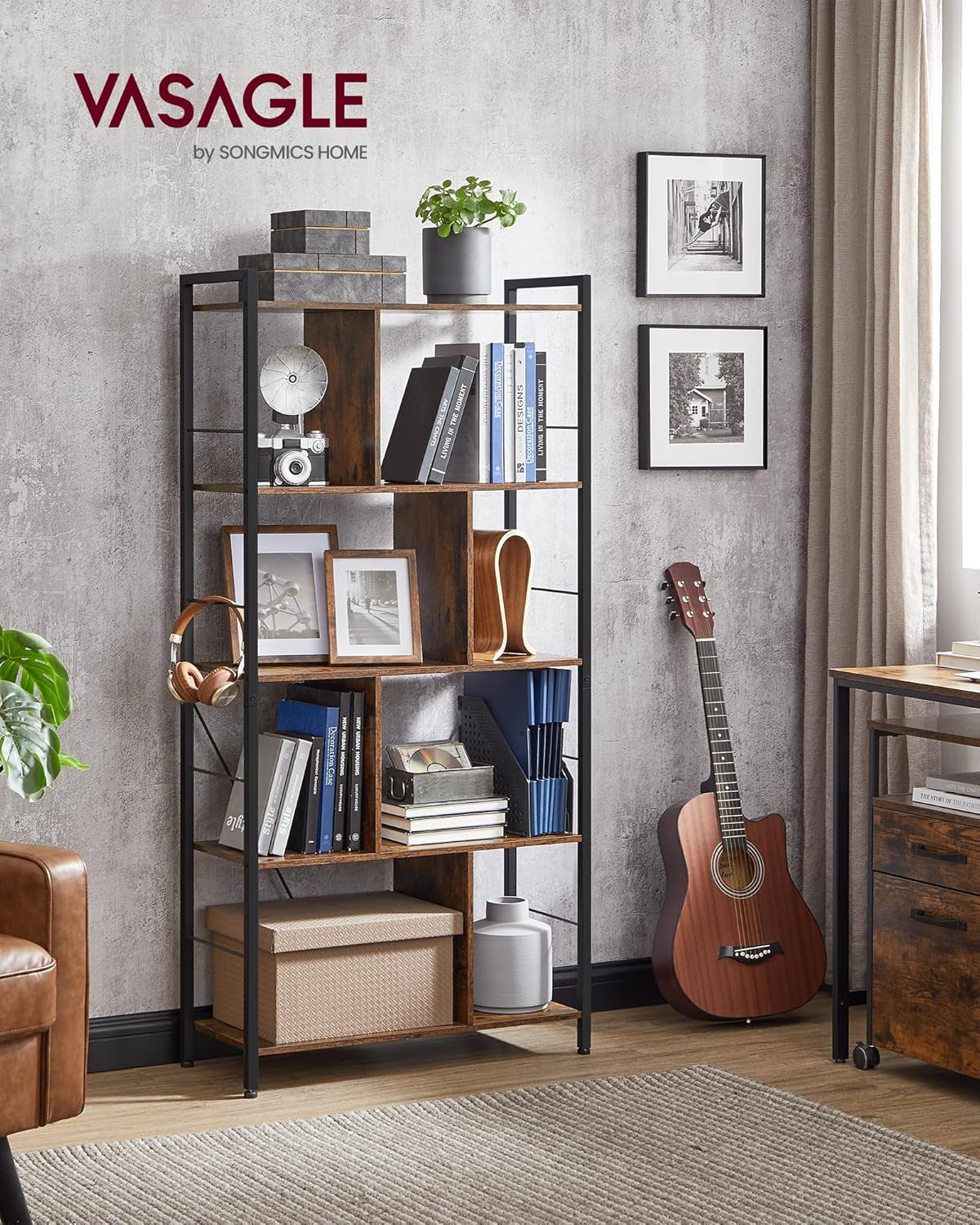 Bookshelf, 5-Tier Bookcase, Storage Shelving Unit, Display Shelf with Open Compartments for Living Room, Home Office, Bedroom, Industrial, Rustic Brown and Black ULBC121B01