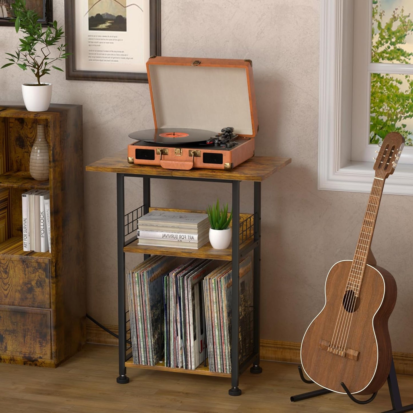 Record Player Stand with Charging Station, 3 Tier Turntable Stand with Storage Cabinet, Vinyl Storage End Table Hold up to 200 Albums, Record Table for Vinyl, Living Room, 23.6" W X 15.7" D