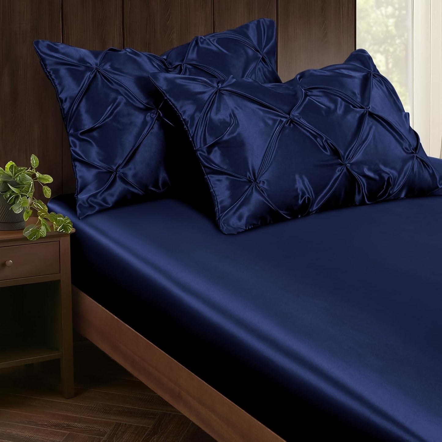 Pintuck Satin Pillowcase King Size Set of 2, Navy Blue Satin Pillow Shams Pinch Pleated Silky Smooth Pillow Covers for Hair, Decorative Pillow Case with Envelope Closure