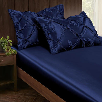 Pintuck Satin Pillowcase King Size Set of 2, Navy Blue Satin Pillow Shams Pinch Pleated Silky Smooth Pillow Covers for Hair, Decorative Pillow Case with Envelope Closure