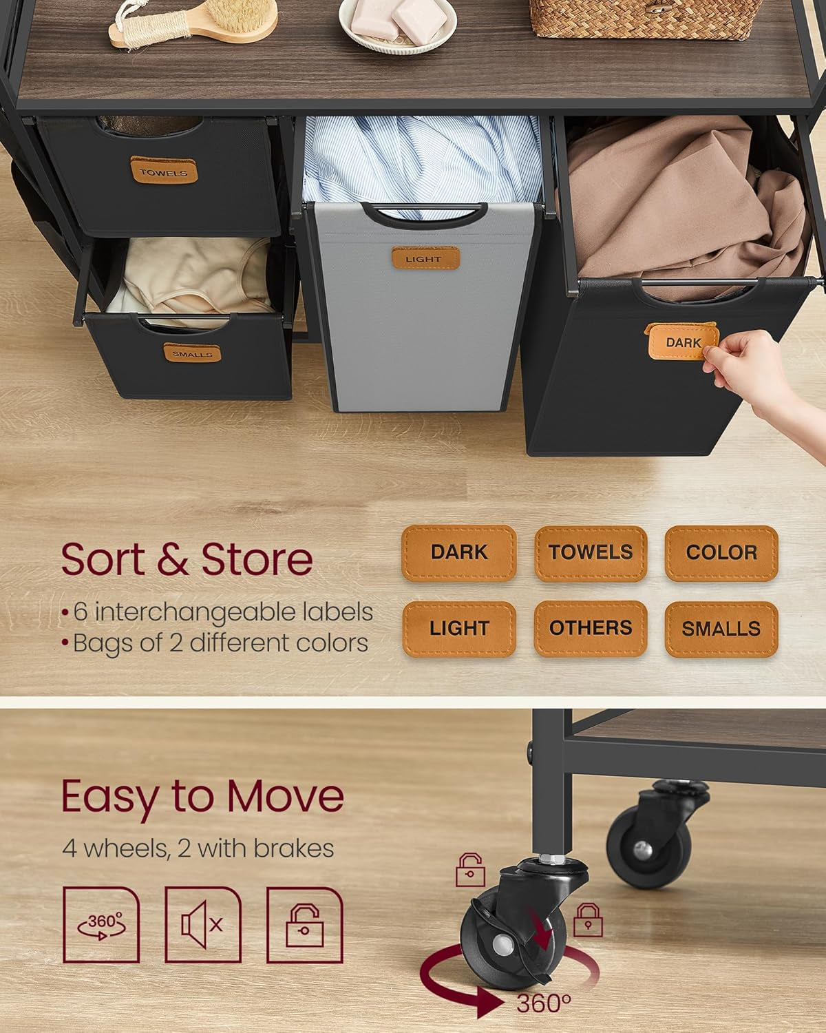 Laundry Hamper with 3 Compartments, 26.4 Gal. (100 L) Laundry Sorter, Rolling Laundry Cart with Shelves, Small Side Pockets, 6 Labels, Natural Beige, Camel Brown and Cream White UBLH202N01