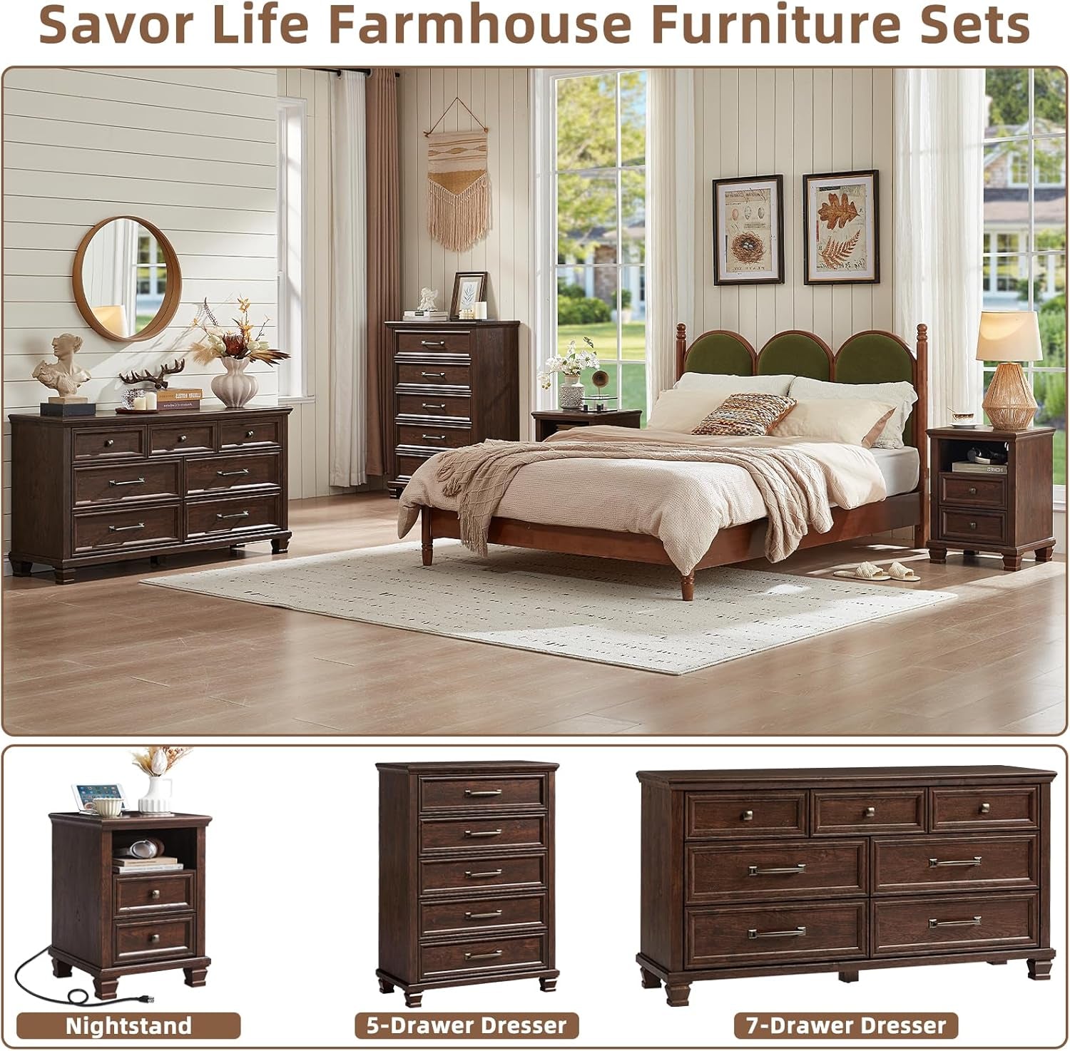 Farmhouse Dresser and Nightstand Sets 4 Piece, 5/7 Drawer Dresser & 2 Drawer Nightstand Set, Rustic Wood Bedroom Furniture Set for Home, Bedroom, Hallway, Walnut