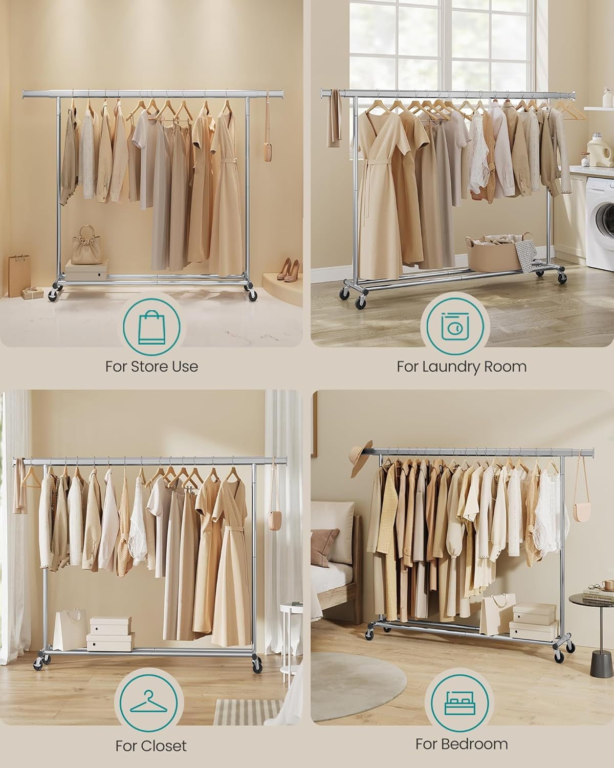 Clothes Rack with Wheels, Heavy-Duty Clothing Rack for Hanging Clothes, Portable, 17.7 X (63-78.7) X 63.6 Inches, with Extendable Rail, 330 Lb Load Capacity, Silver UHSR175E01