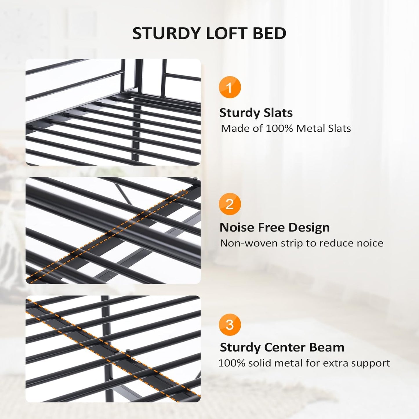 Loft Bed Full Size with Flat Rungs for Adults, Kids and Young Teens, No Box Spring Required,Heavy Duty Metal Slat Support,Black