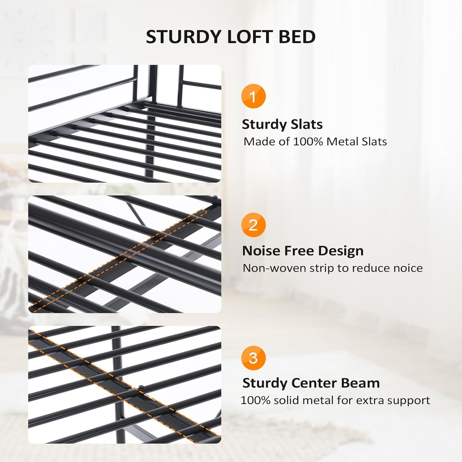 Loft Bed Full Size with Flat Rungs for Adults, Kids and Young Teens, No Box Spring Required,Heavy Duty Metal Slat Support,Black