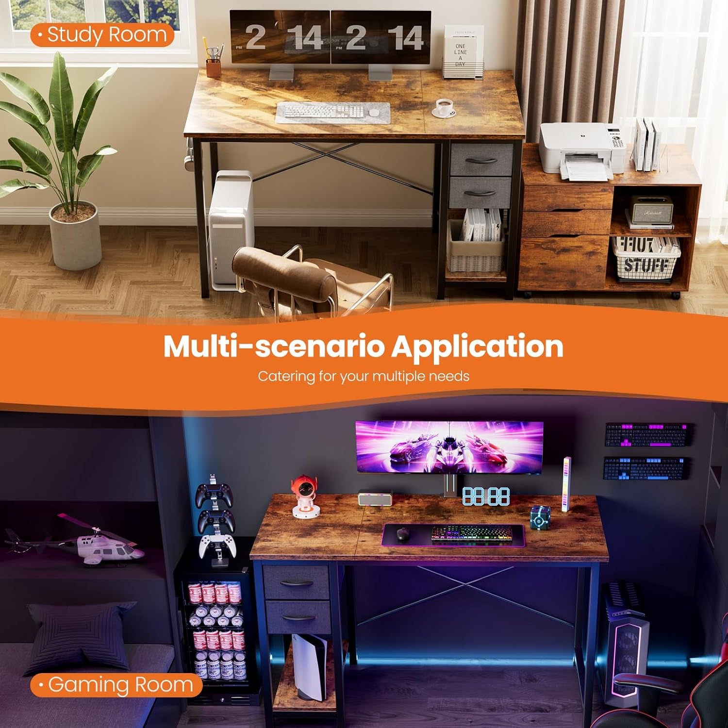 40 Inch Computer Desk with Drawers for Home Office, Writing Desk with X-Shaped Reinforcement, Wood Table with Adjustable Position Drawers, Modern Study Work Table with Side Hook, Rust