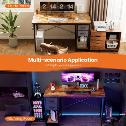 40 Inch Computer Desk with Drawers for Home Office, Writing Desk with X-Shaped Reinforcement, Wood Table with Adjustable Position Drawers, Modern Study Work Table with Side Hook, Rust