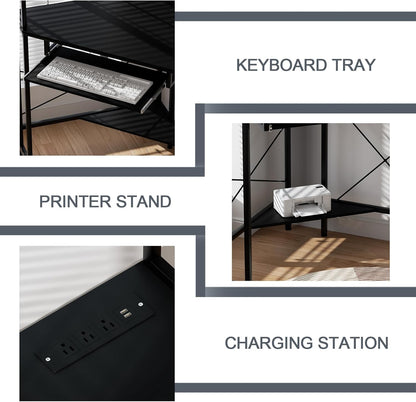 Corner Desk with Hutch and LED Lights, Corner Computer Desk with Keyboard Tray and Monitor Stand, Small Computer Desk for Small Spaces, Home Office
