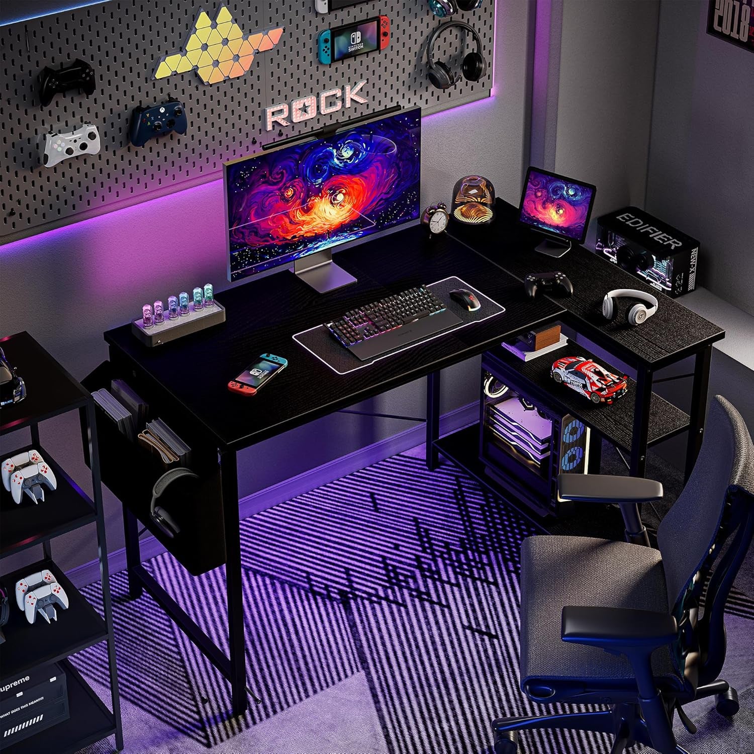 L Shaped Computer Desk with Reversible Shelves, 40 Inch Small Corner Desk with Storage Bag, Gaming Desk Computer Table Study Writing Table for Home Office Bedroom Small Space, Black