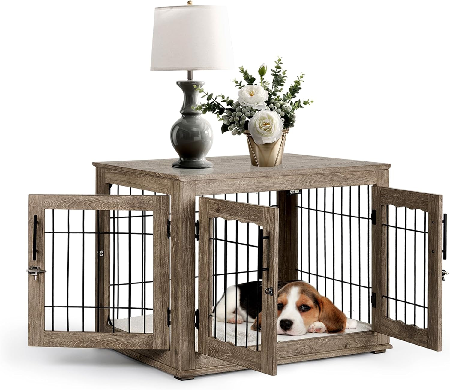 Dog Crate Furniture, 32 Inch Medium Dog Crates with Bed Mat, Wooden Dog Kennel Furniture, End Side Table Dog Cage with 3 Doors, Greige