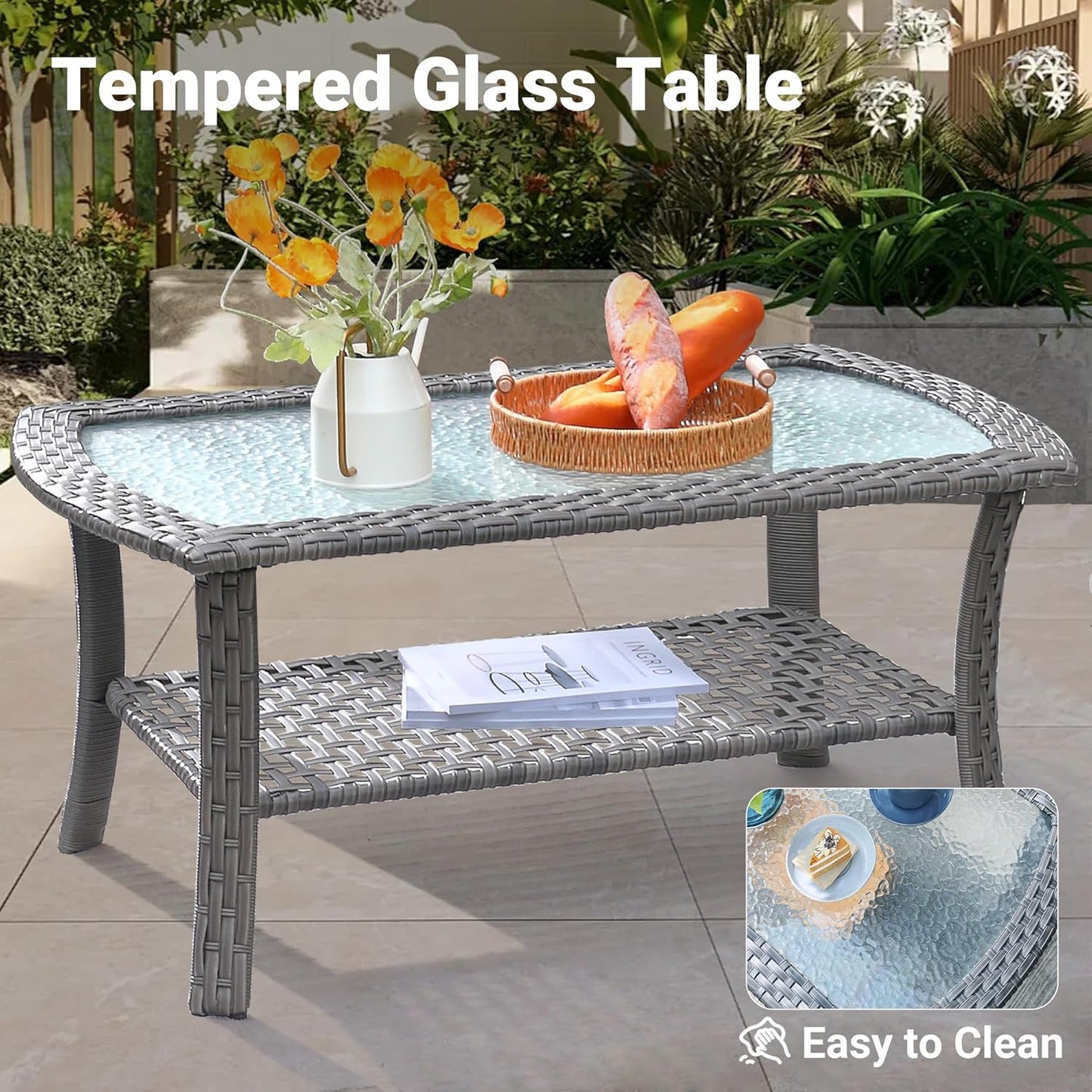 4-Piece Patio Furniture Set, Outdoor Wicker Sofa with Chairs Coffee Table, High Back Rattan Couch Loveseat with Comfy Cushions for Porch Yard Deck, Denim Blue