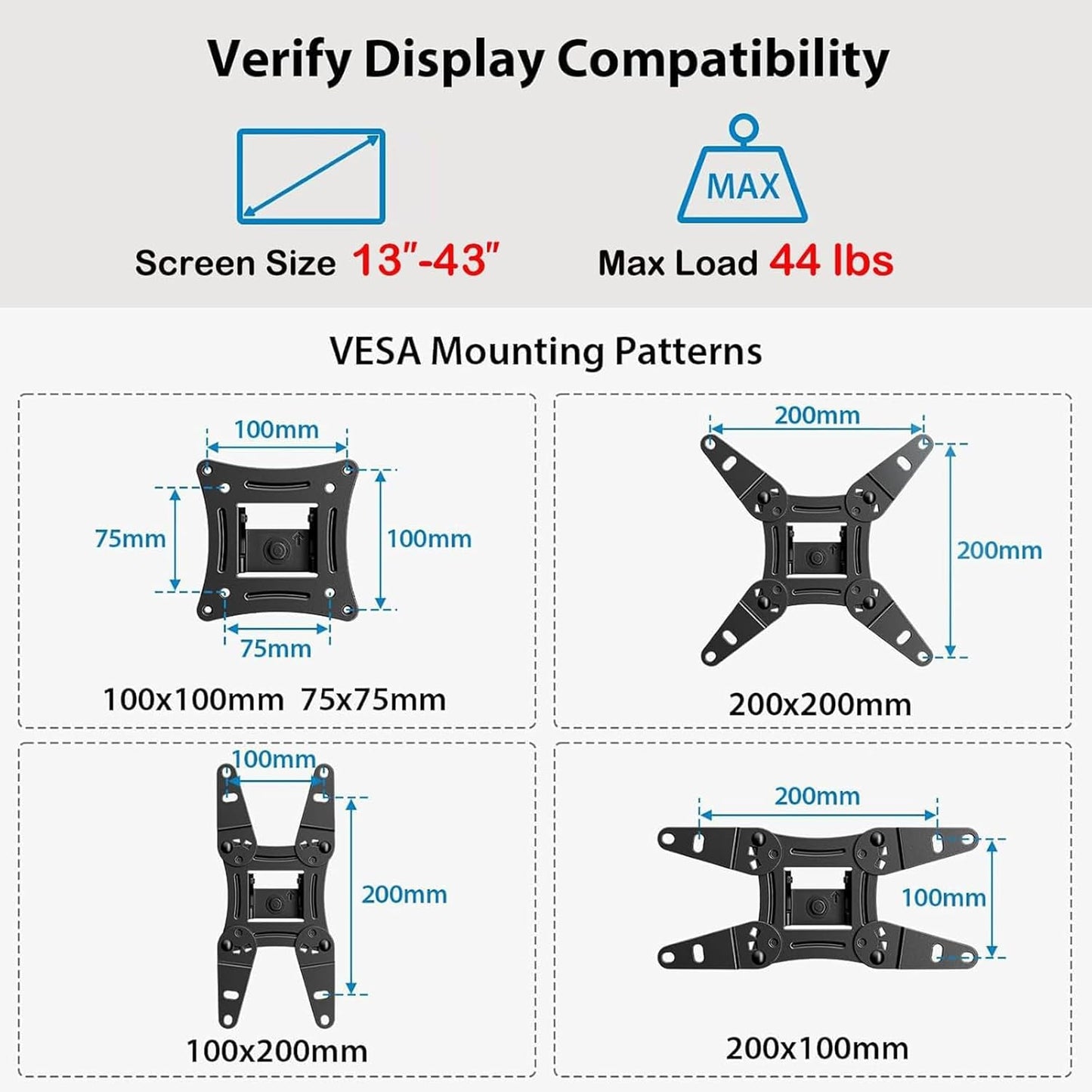 Full Motion TV Wall Mount for Echo Show 21/15 and 13-43 Inch Flat Curved Screen Tvs & Monitors, Max VESA 200X200Mm up to 44Lbs, TV Mount Wall Bracket with Rotation Swivel Tilt Extension