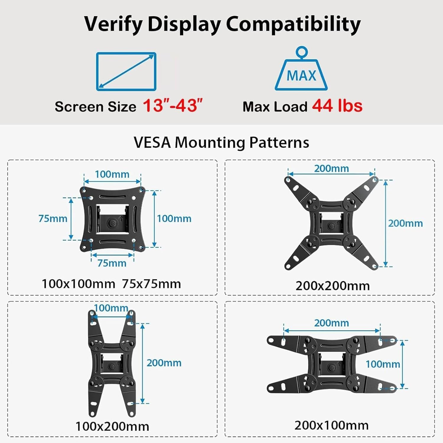 Full Motion TV Wall Mount for Echo Show 21/15 and 13-43 Inch Flat Curved Screen Tvs & Monitors, Max VESA 200X200Mm up to 44Lbs, TV Mount Wall Bracket with Rotation Swivel Tilt Extension