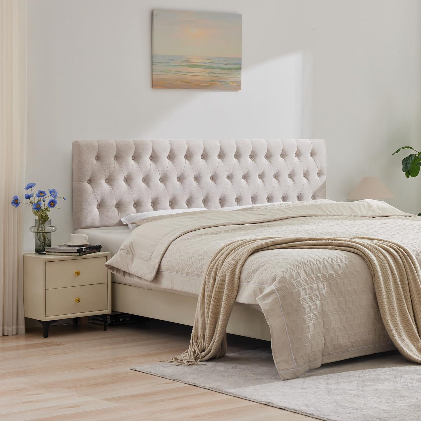 Headboards for King Size Bed in Modern Button Design, Premium Linen Fabric Upholstered Tufted Bed Headboard, Adjustable Solid Wood Head Board, Beige