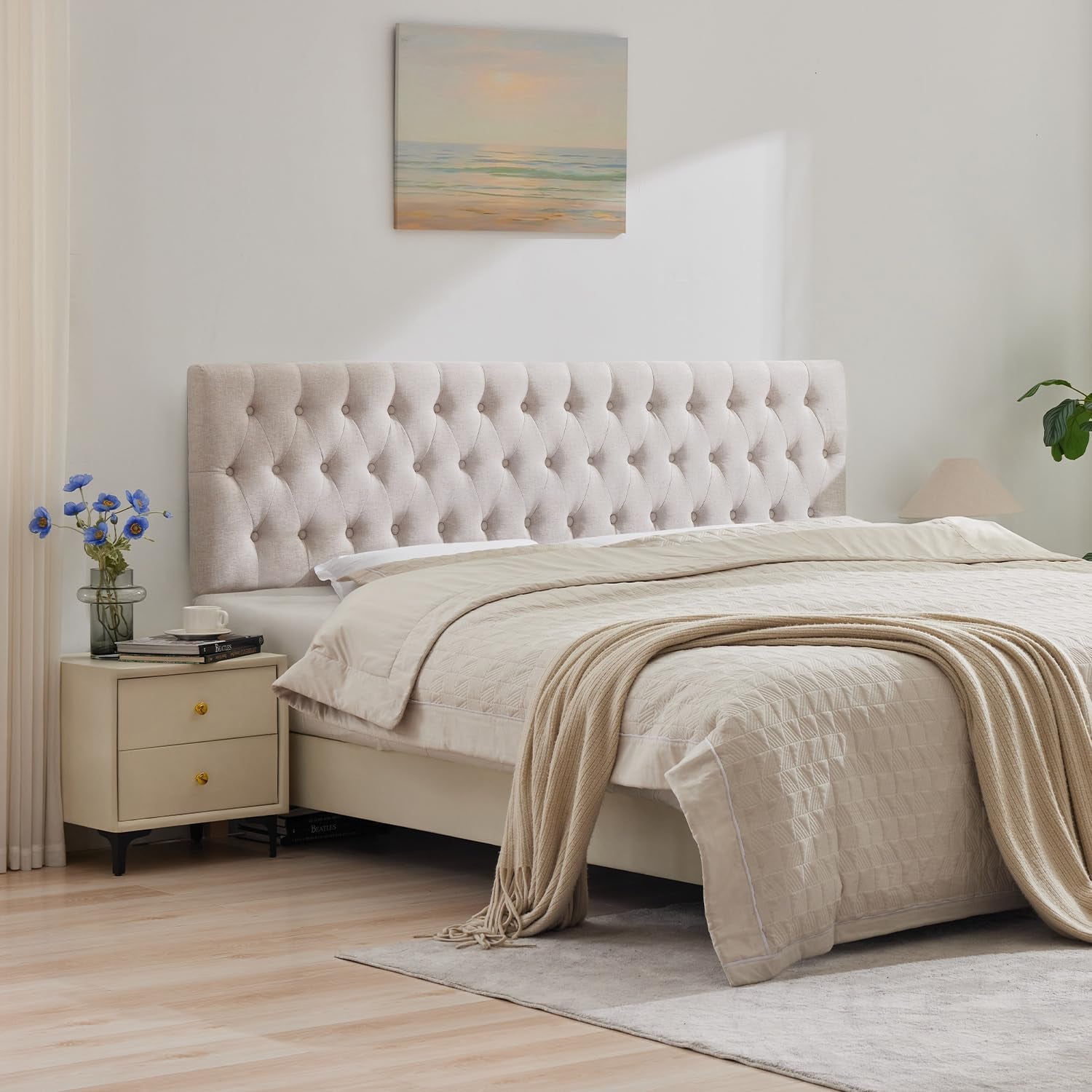 Headboards for King Size Bed in Modern Button Design, Premium Linen Fabric Upholstered Tufted Bed Headboard, Adjustable Solid Wood Head Board, Beige