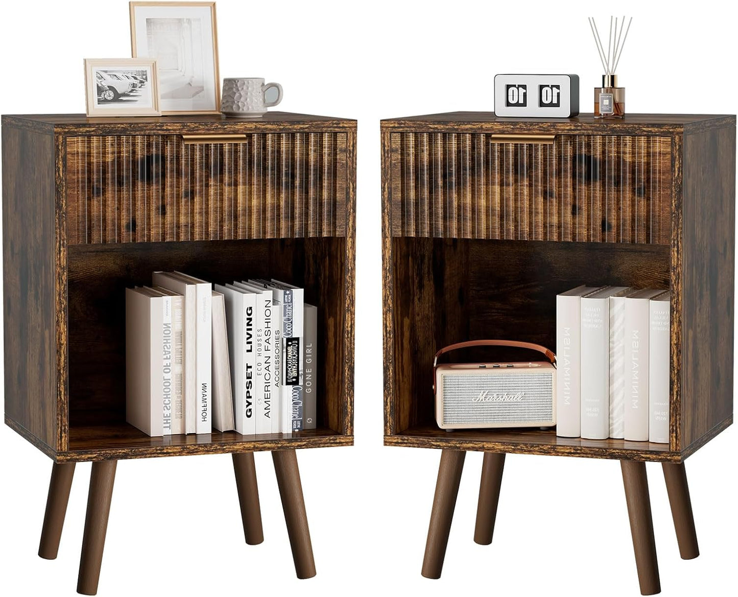 Mid Century Modern Nightstand Set of 2, Side Table with Fluted Drawer, Open Shelf Unit, Golden Handle, Solid Wood Legs, Bedside Table, for Bedroom, Rustic Brown UHST013H-2