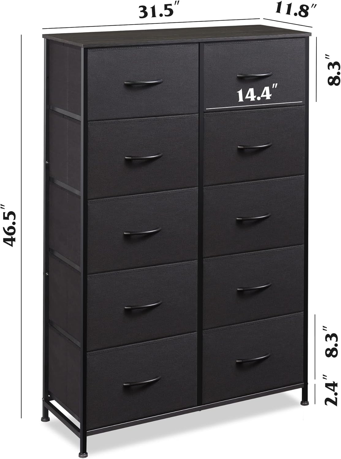 Tall Black Dresser for Bedroom with 10 Drawers, Chest of Drawers, Dressers Bedroom Furniture, Storage Organizer Unit with Fabric Bins for Closet, Hallway, Living Room, Entryway