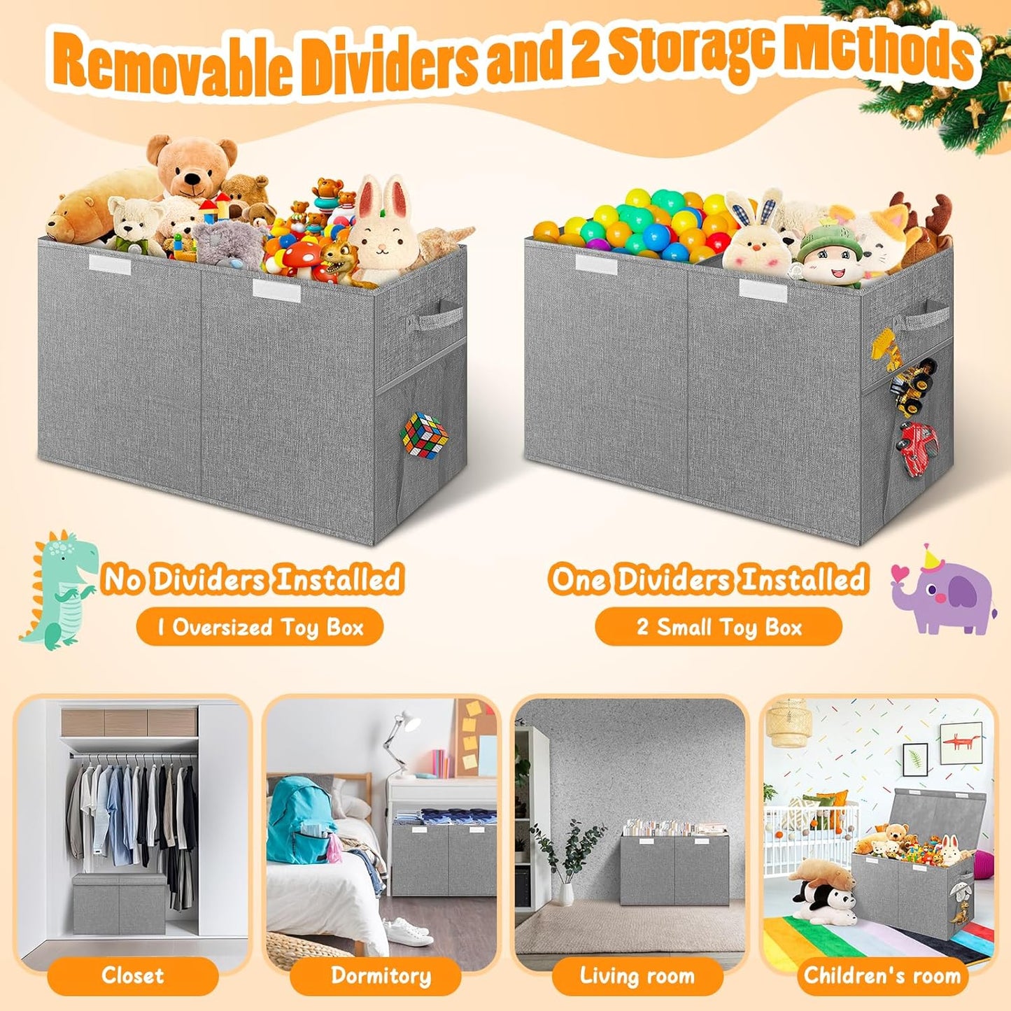 Large Toy Storage Box with Lid Divider, Sturdy Collapsible Toys Organizer Chest Kids Storage Bins Boxes Baskets for Boys, Girls, Nursery, Bedroom, Living Room, Playroom, 25"X13"X16", Gray