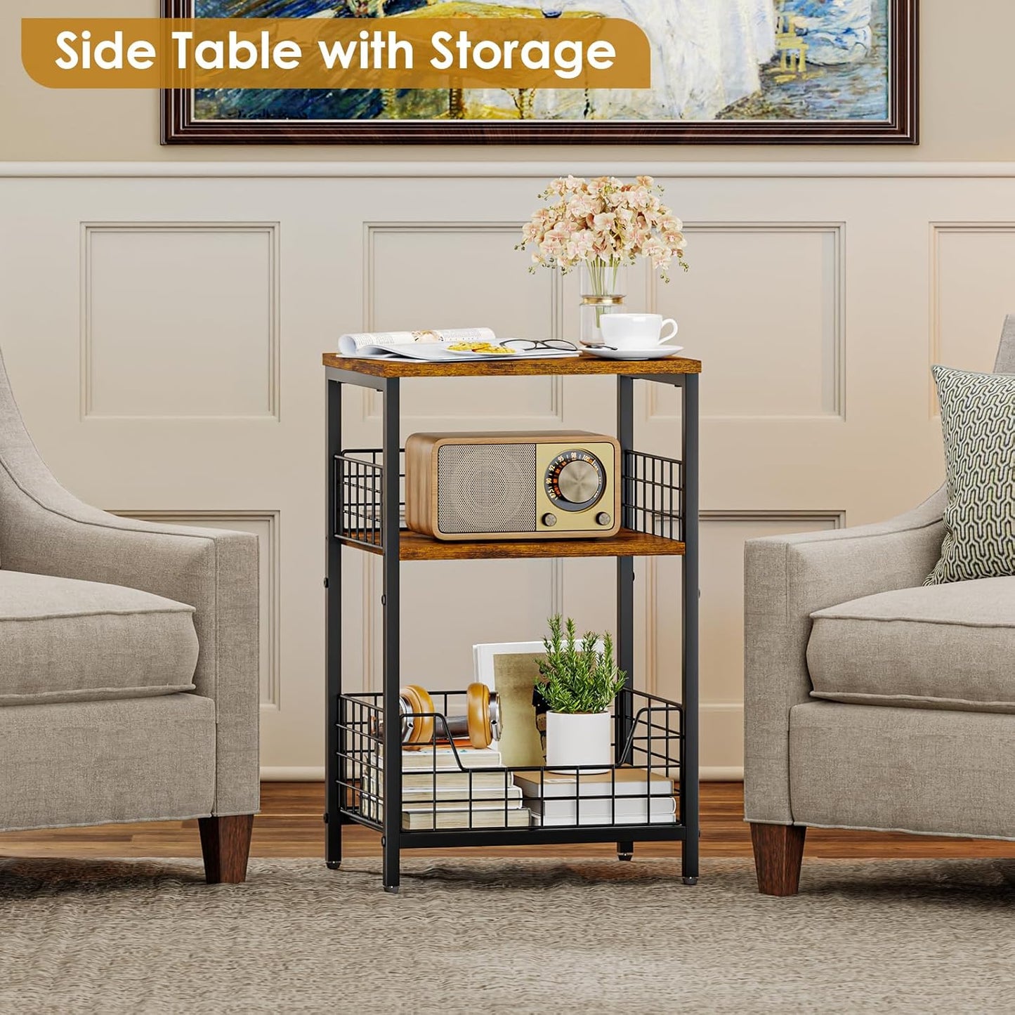 Side Table, Small End Table Record Player Stand with Storage, Vinyl Record Storage Night Stand for Living Room, Bedroom,Office(Patent Pending)(Rustic Brown & Black)