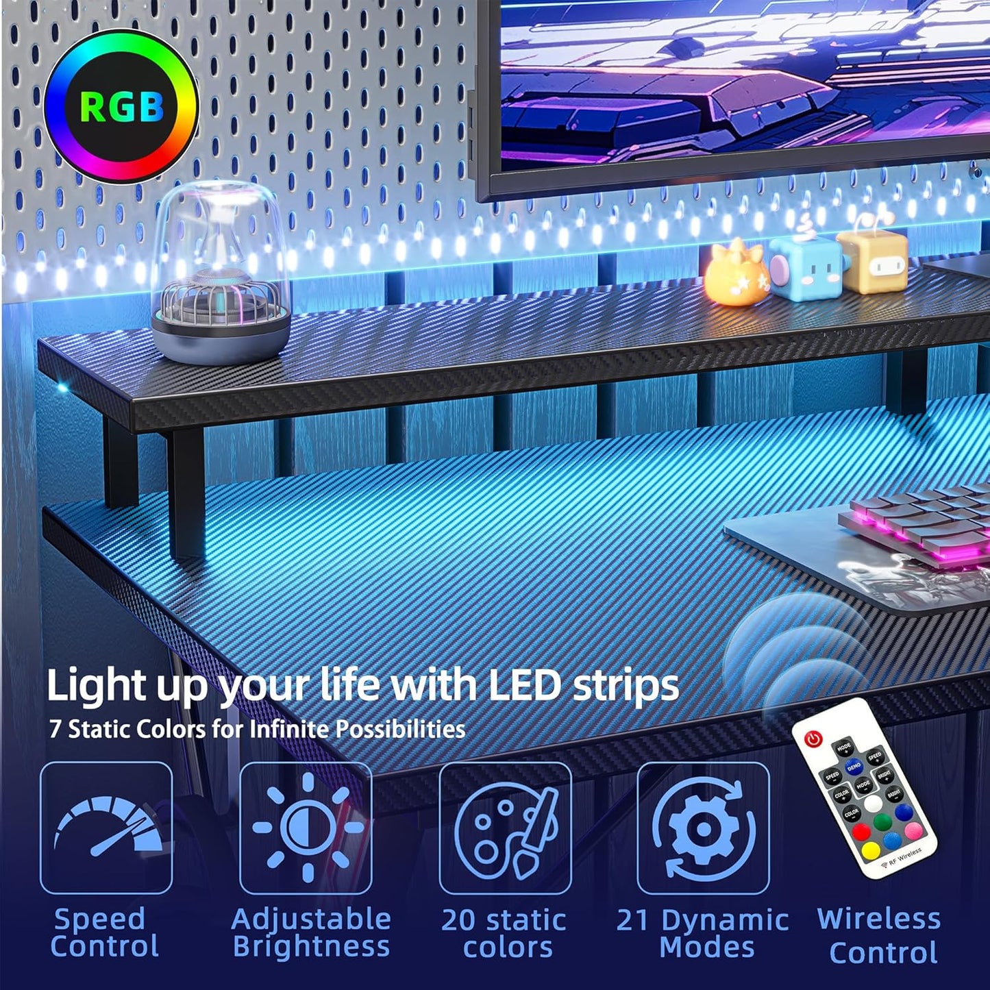 Gaming Desk with Power Outlets & LED 40 Inch Ergonomic Computer Carbon Fiber Surface Gamer Desk, Large Monitor Stand, Headphone Hook, PC Workstation for Bedroom, Black