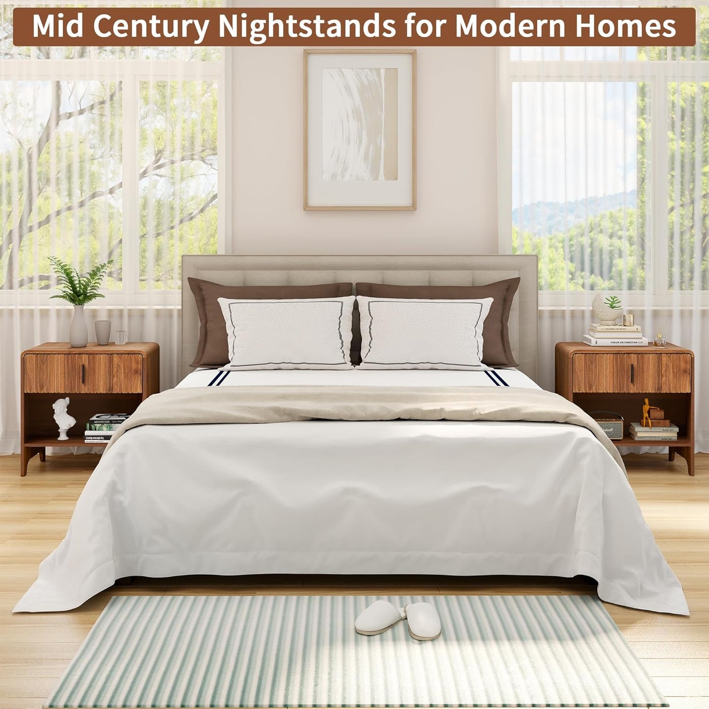 Fluted Night Stand Set of 2, Modern Nightstand Curved Profile, Drawer and Open Shelf - Bedside Table Wood Side Table Set for Bedroom (Walnut-2 Nightstands)