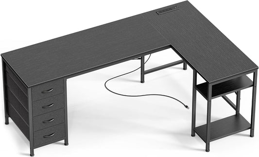 63 Inch L Shaped Desk with Fabric Drawers, Reversible Computer Gaming Desk with Power Outlets and USB-C Port, Adjustable Side Storage Shelves, for Work Study Corner Home Office, Black