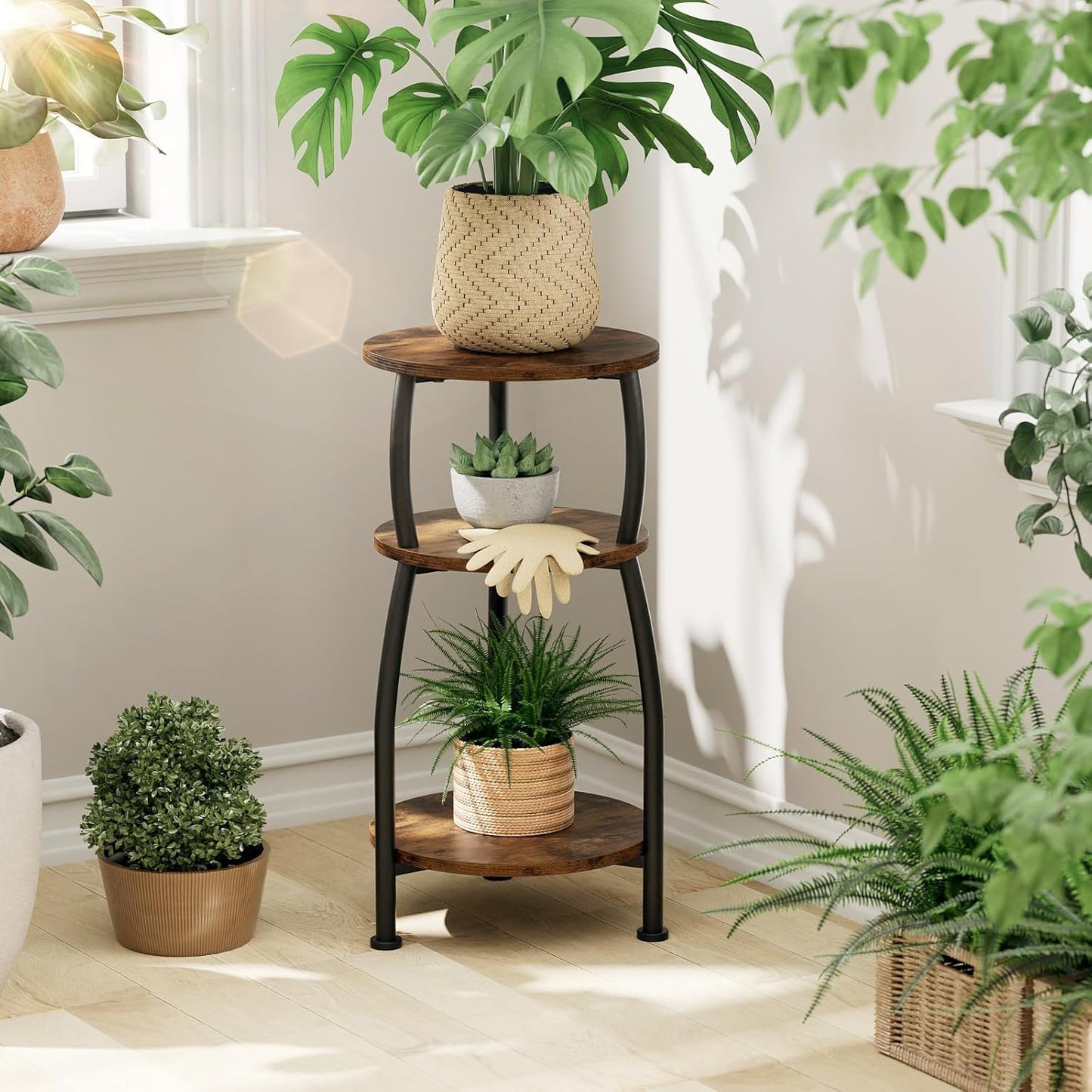 Small round Side Table, 3-Tier End Table with Storage Shelf, Slim Sofa Table Coffee Table, Sturdy & Easy Assemble Nightstand for Small Spaces, Living Room Bedroom Corner, Rustic Brown