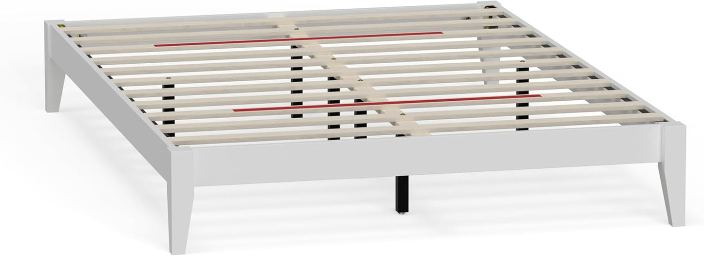 Serene Farmhouse Style Wood Bed Frame in Queen Size (No Headboard) - Coastal Modern Design, Sturdy, Easy Assembly, Ample Underbed Storage, White Finish