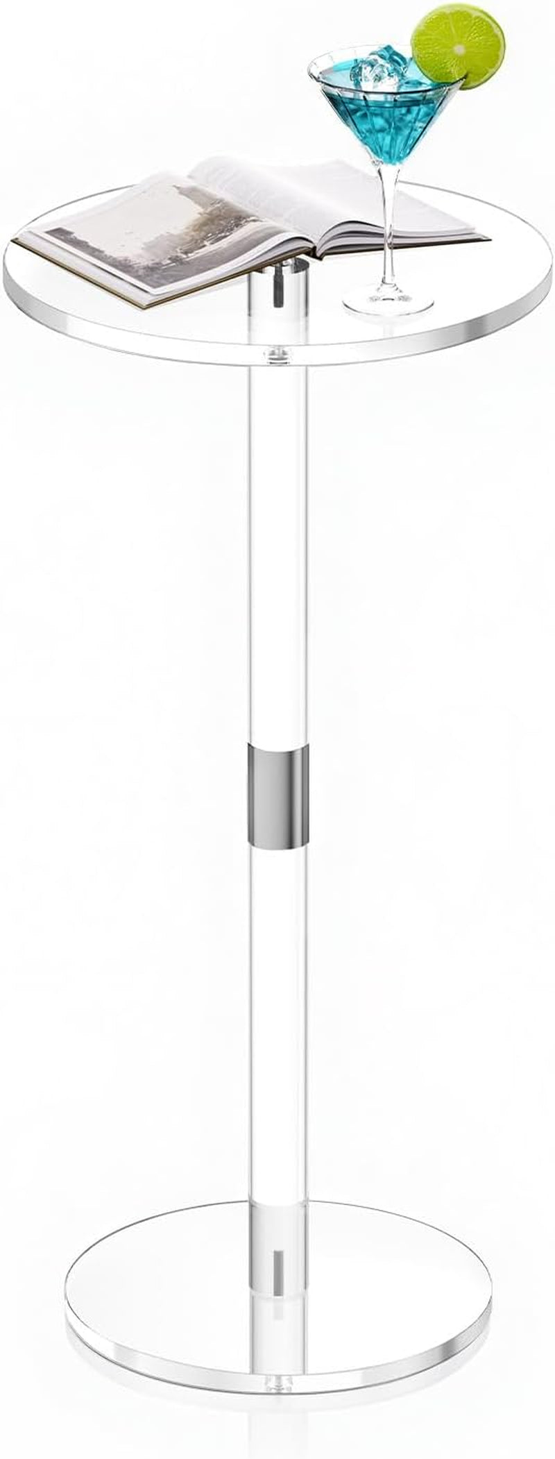 Acrylic Drink Table, Small round Side Table with Solid Post, Modern Clear End Table Transparent Cake Desk for Coffee, Cocktail, Dessert, Snack, Living Room, Bedroom, Bathroom, Easy Assembly