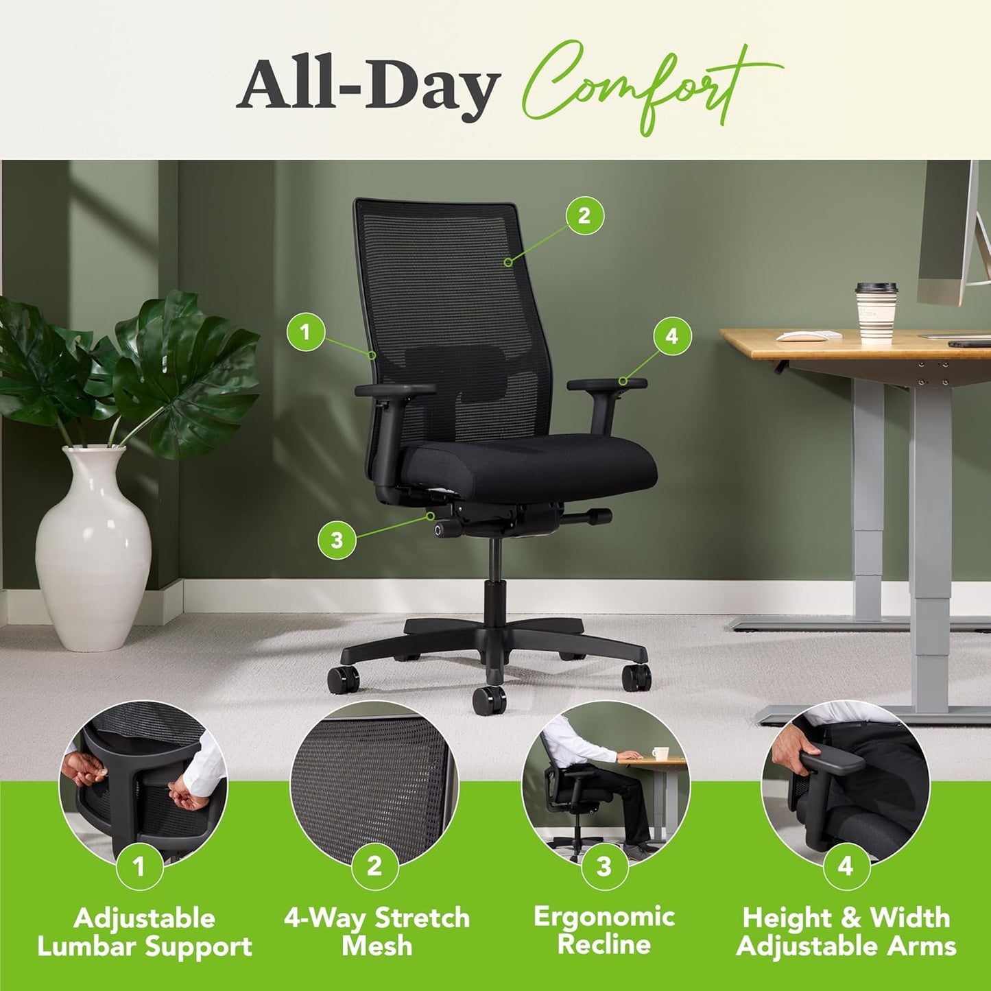 Ignition 2.0 Mid Back Task Chair, Advanced Synchro-Tilt Control, Office Chair with Lumbar Support, Height and Width Adjustable Arms, Black Frame, Black