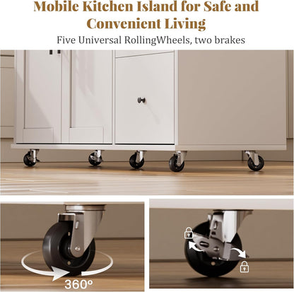 Kitchen Island on Wheels with Storage-Multifunctional Kitchen Island Cart with Drop Leaf, Rolling Island with Spice/Towel Rack,Expandable Island Table Kitchen,39.37" Width,White