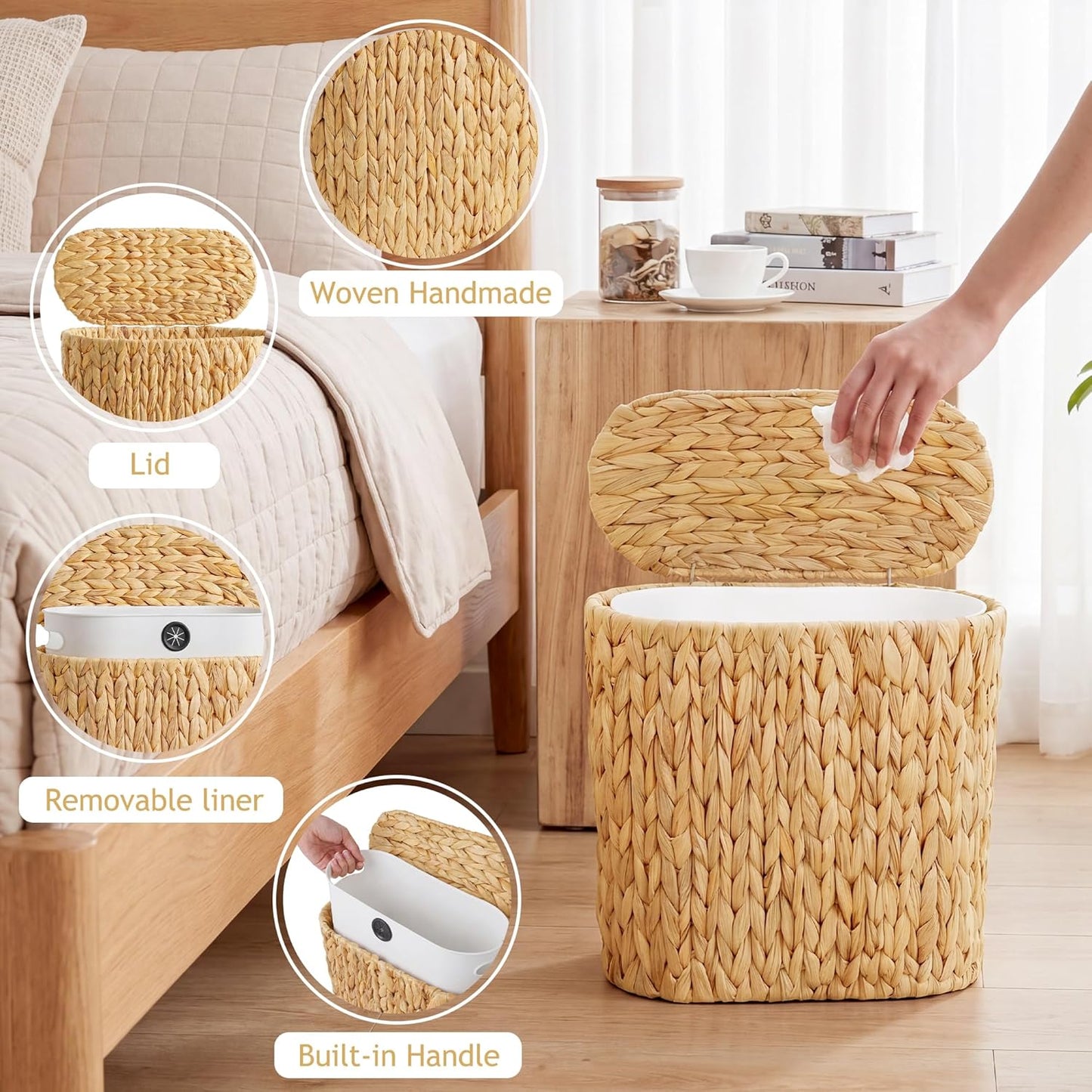 3 Gallon Wicker Trash Can, Bathroom Trash Can with Lid, Narrow Natural Water Hyacinth Waste Basket with Removable Liner, Boho Garbage Can for Bedroom, Office, Small Spaces Living Room, Toilet
