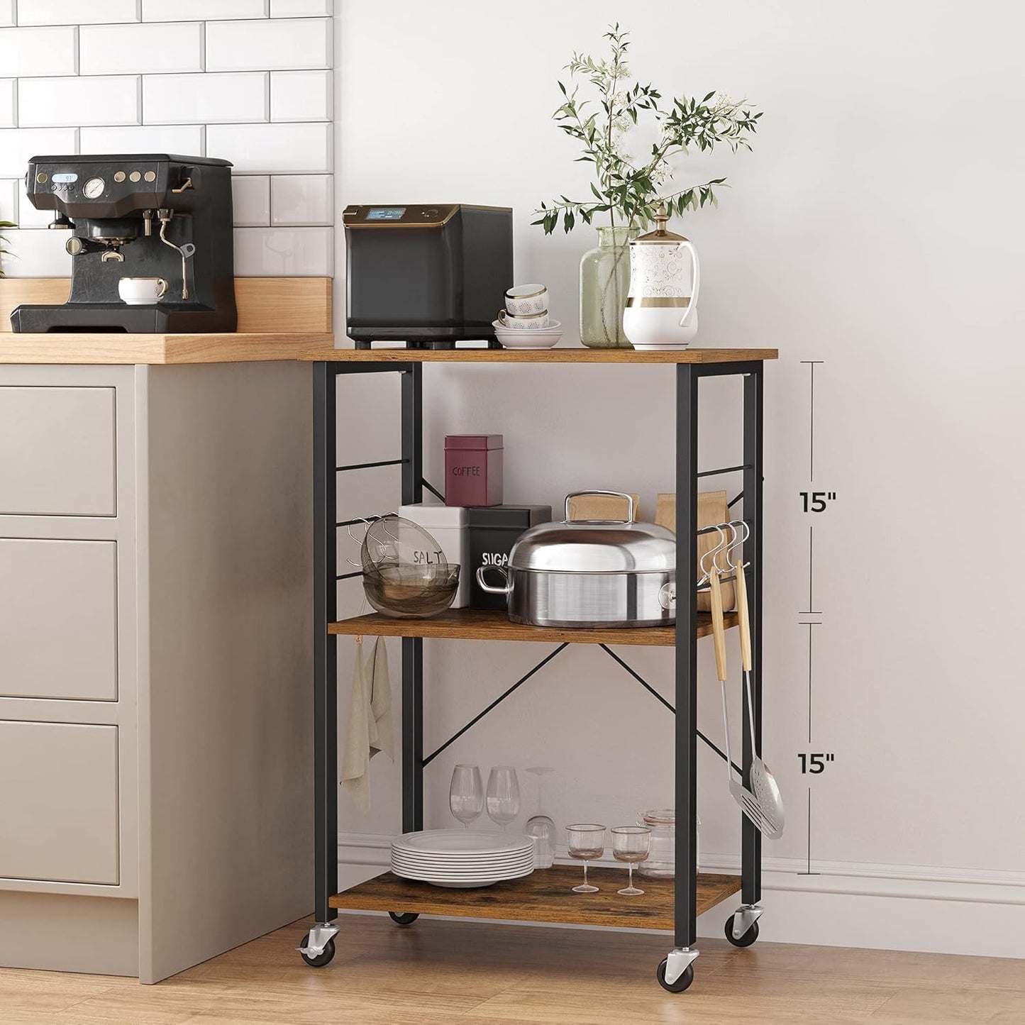 BRYCE Serving Cart, 3-Tier Kitchen Utility Cart on Wheels with Storage, for Living Room, Accent Furniture with Steel Frame, Industrial, Rustic Brown and Black ULRC78X