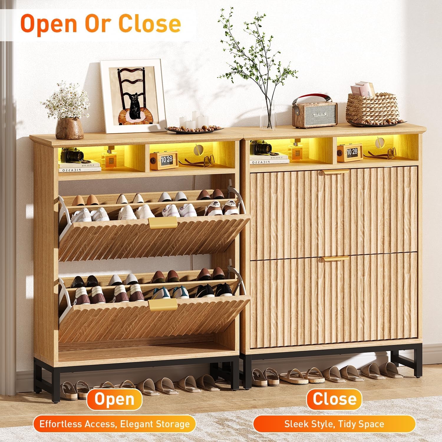 Fluted Shoe Storage Cabinet with 2 Flip Drawers, 31.5" Narrow Shoe Organizer Cabinet with LED Light, Slim Freestanding Shoe Rack Cabinet, Wooden Hidden Shoe Cabinet for Entryway, Hallway(Natural Oak)
