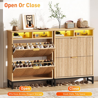 Fluted Shoe Storage Cabinet with 2 Flip Drawers, 31.5" Narrow Shoe Organizer Cabinet with LED Light, Slim Freestanding Shoe Rack Cabinet, Wooden Hidden Shoe Cabinet for Entryway, Hallway(Natural Oak)