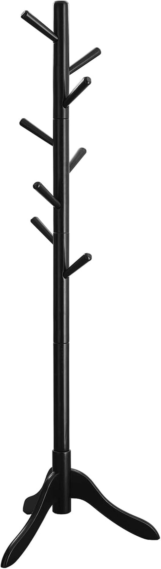 Solid Wood Coat Rack, Free Standing Tree-Shaped Coat Rack with 8 Hooks, 3 Height Options, for Clothes, Hats, Bags, Living Room, Bedroom, Home Office, Black URCR001B01