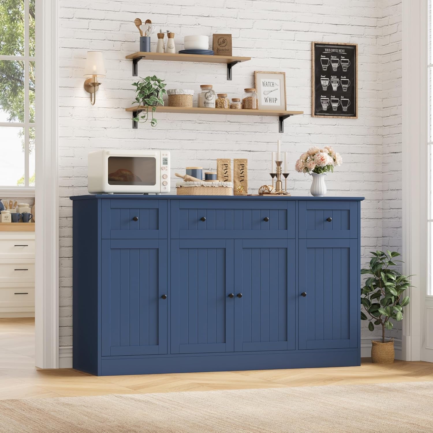 55" Sideboard Buffet Cabinet with Storage, Modern Kitchen Buffet Storage Cabinet with Drawers, Wood Coffee Bar with Adjustable Shelves, Large Sideboard for Kitchen, Living Room, Blue
