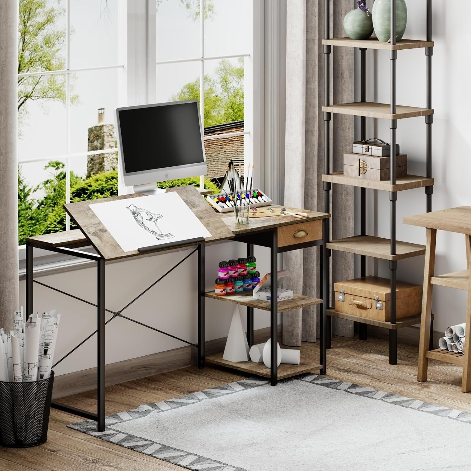 Drafting Table with Storage Shelves & Drawer, 43" Adjustable Art Desk with Monitor Stand for Home Office Computer, Tiltable Draft Drawing Table for Artist, Study, Writing Workstation