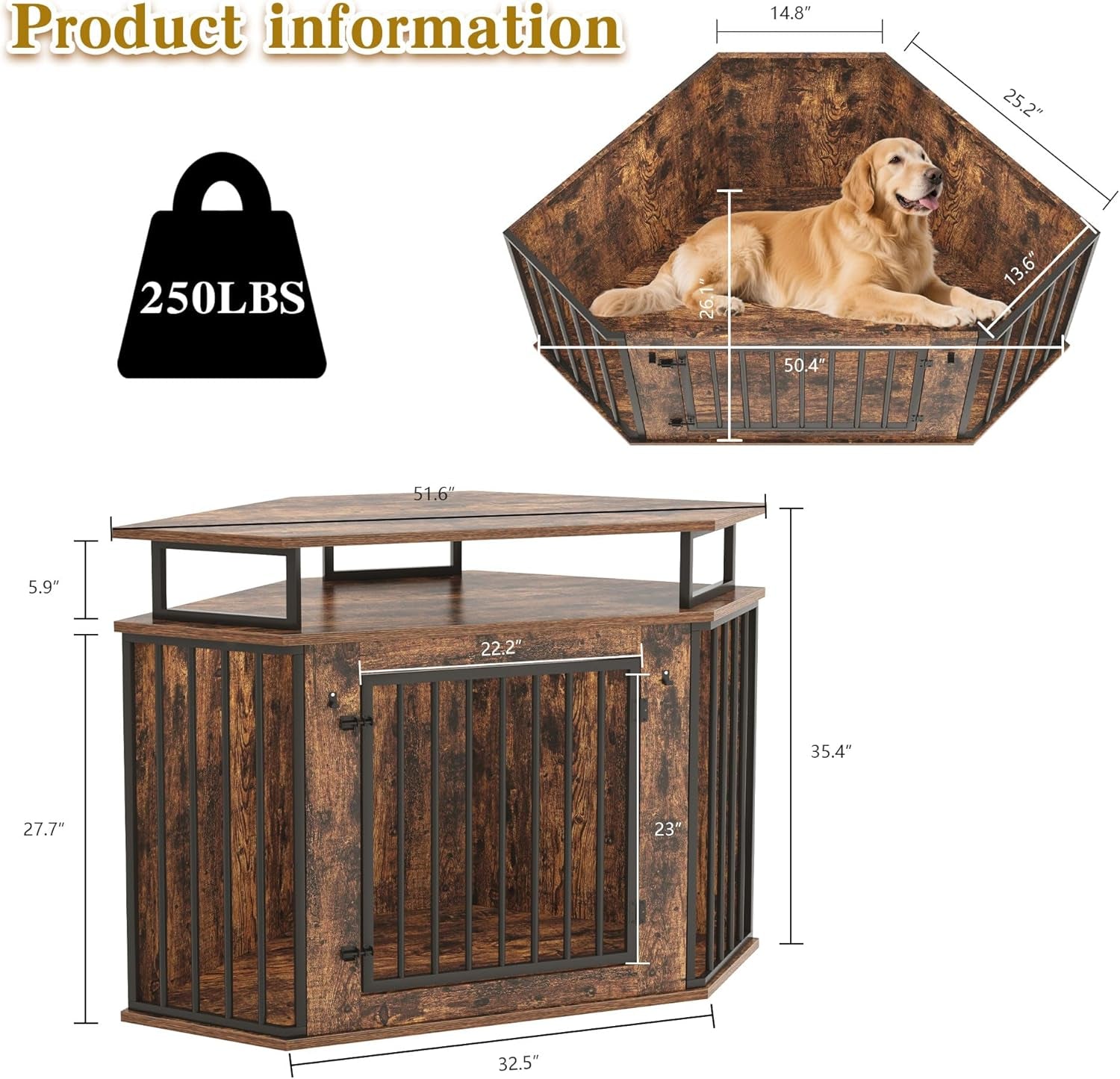 52" Corner Dog Crate Furniture with Storage Shelves, Farmhouse Large Dog Kennel Indoor, Wooden Pet Crate, Heavy Duty, Chew Resistant, 2 Hooks, Rustic Brown