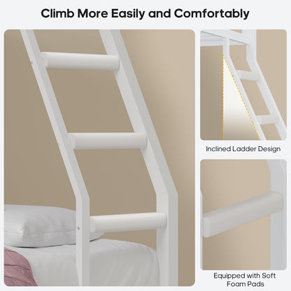 Bunk Bed Twin over Twin with 4 Storage Drawers & Shelves & Bedside Caddy, Twin Bunk Beds with Charging Station & Led Lights, Metal Bunk Bed with Safety Guardrail & Angled Ladder for Kids, White
